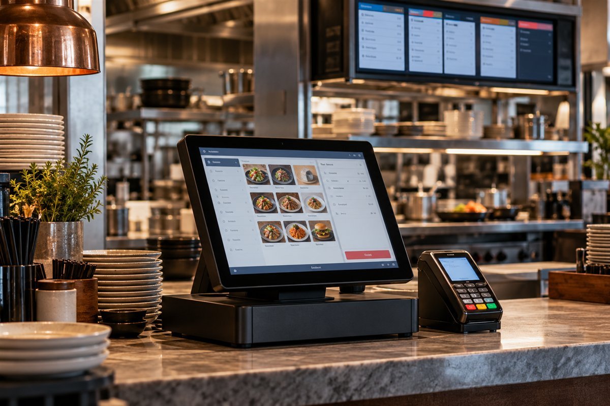 Restaurant point-of-sale terminal connected to a kitchen order display